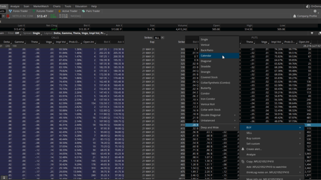 在TD Ameritrade購買NFLX日曆價差