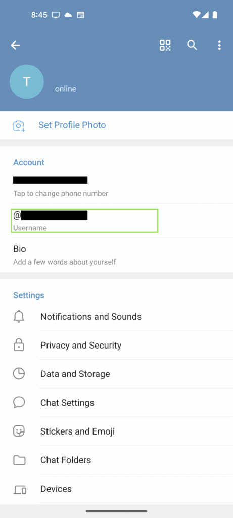 telegram username setup